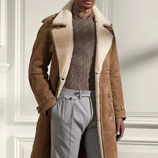 Mens Premium Shearling Suede Long Winter Coat