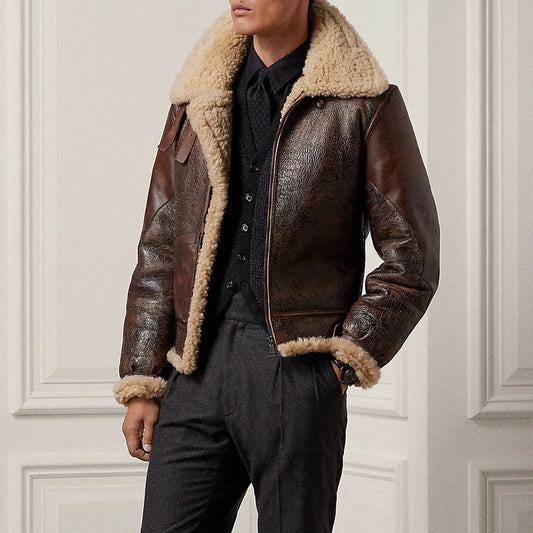 Mens Premium Shearling Retro Aviator Style Jacket