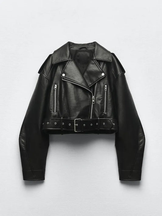 Womens Vegan Leather High Waist Biker Style Jacket