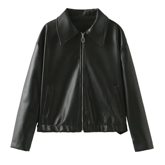 Womens Vegan Leather Loose Fit Blouson Jacket